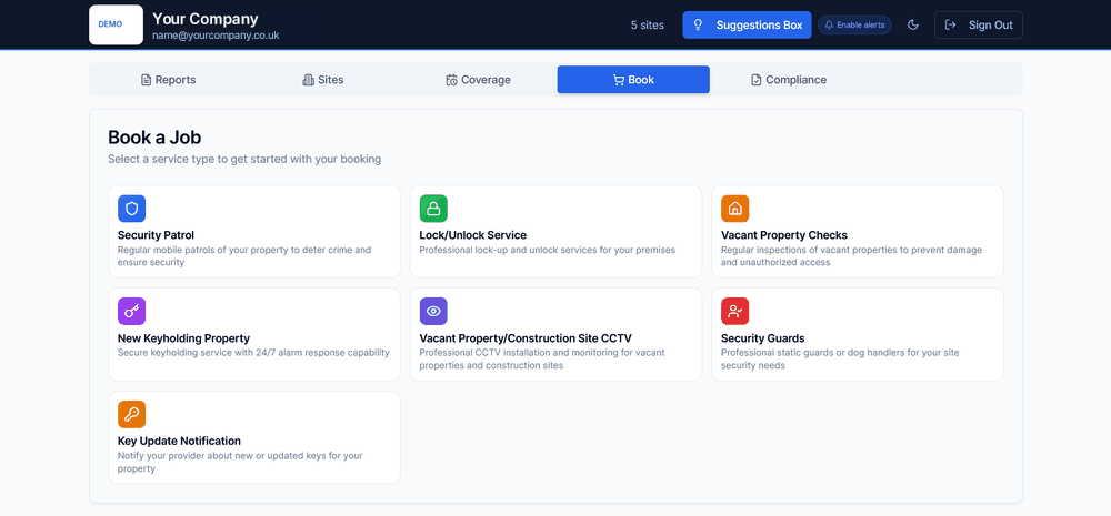 Client portal Book a Job screen: Security Patrol, Lock/Unlock Service, Vacant Property Checks, New Keyholding Property, Security Guards and Key Update Notification (demo data)