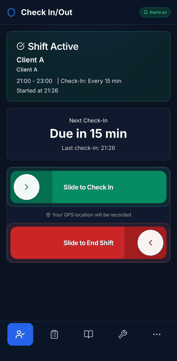 NightWarden field app Check In/Out screen: Shift Active, Next Check-In due in 15 min, Slide to Check In (demo data)