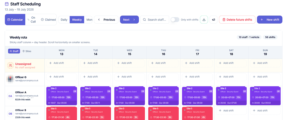 NightWarden Staff Scheduling weekly rota, 13 July to 19 July 2026, showing staff rows and shifts by day (demo data)